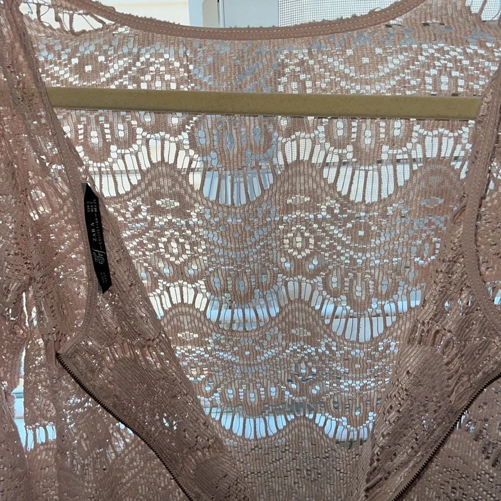 Zara Tan Cropped Embellished Sheer Blouse with 3/4 Sleeves Size Small